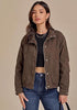 Chocolate Brown Women's Funnel Neck Denim Jacket — Oversized Zip Up Jean Jacket with Drop Shoulder, Elastic Hem & Side Slant Pockets