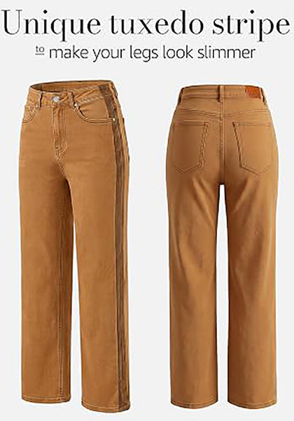 Golden Brown Women's High Waisted Straight Leg Jeans, Tuxedo Side Stripe Stretchy Denim Pants, 29" Inseam Relaxed Fit 90s Style Concert Outfits