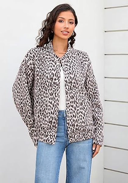 Light Grey Cheetah Women's Leopard Print Bomber Jacket — Oversized Brushed Wool Blend Cheetah Jacket with Stand Collar, Snap Buttons & Elastic Hem