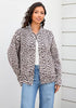 Light Grey Cheetah Women's Leopard Print Bomber Jacket — Oversized Brushed Wool Blend Cheetah Jacket with Stand Collar, Snap Buttons & Elastic Hem