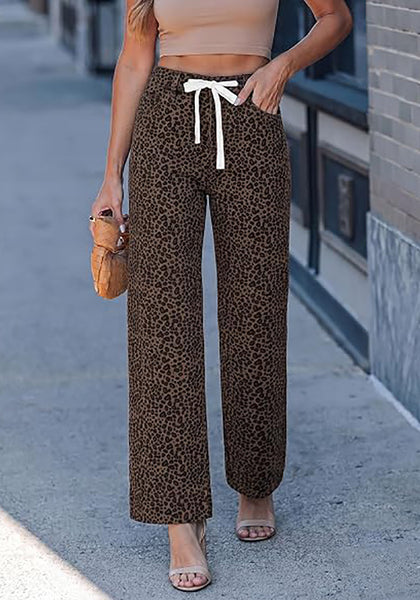 GRAPENT Women's High Waisted Wide Leg Leopard Jeans | Leopard Print Denim, Drawstring Waist, Loose Straight Leg, 28" Inseam, Dressy Casual Everyday Wear