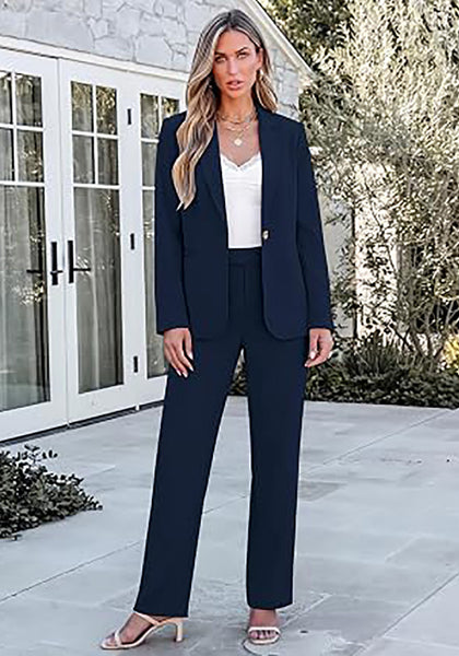 Navy Blue Women's Elegant Business Pantsuit — Single Button Blazer & High Waisted Pants with Adjustable Waistband