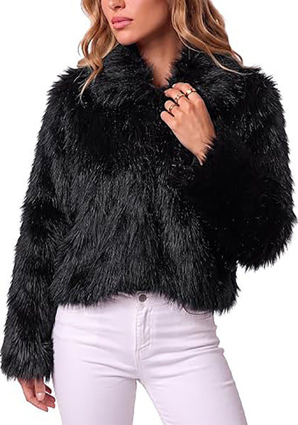 Black Women's Solid Color Shaggy Faux Fur Jacket — Cropped Long Pile Coat with Lapel Collar, Hook Closure & Drop Shoulder
