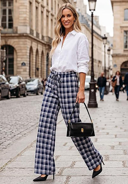 GRAPENT Women's High Waisted Wide Leg Plaid Pants | Tartan Pattern, Elastic Waist Drawstring, Pockets, Relaxed Fit, Casual Daily Fall Outfits