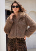 Coffee Brown Women's Solid Color Shaggy Faux Fur Jacket — Cropped Long Pile Coat with Lapel Collar, Hook Closure & Drop Shoulder