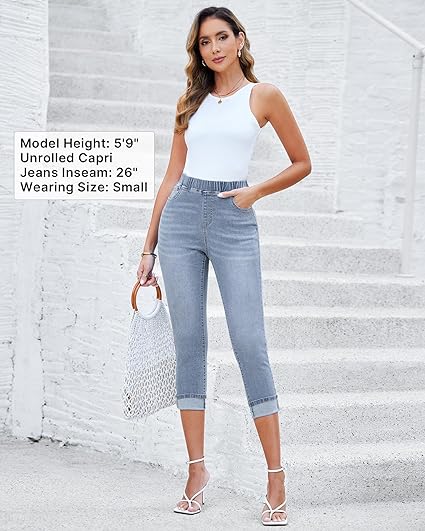 Daylight Blue - Acid Wash Women's High Waisted Elastic Slight Stretch Denim Pull On Cuffed Hem Capri Jeans Denim Pants