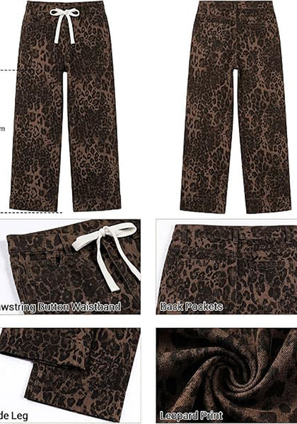 GRAPENT Women's High Waisted Wide Leg Leopard Jeans | Leopard Print Denim, Drawstring Waist, Loose Straight Leg, 28" Inseam, Dressy Casual Everyday Wear