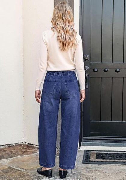 GRAPENT Women's High Waisted Baggy Barrel Jeans | Stretchy Denim, Elastic Drawstring Waist, Pull On, 27.5" Inseam, Ankle Length, Dressy Casual Outfits