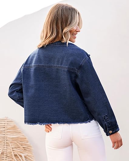 Nightfall Blue Women's Denim Collared Jacket With Flap Pocket Button UP Raw Hem Detail Long Sleeve Jean Jackets