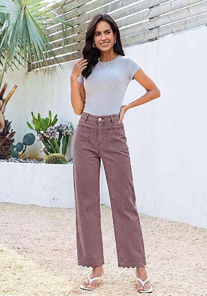 GRAPENT Women's High Waisted Scalloped Ankle Jeans | Stretchy Denim, Straight Wide Leg, 27.5" Inseam, Patched Pockets, Work Office Dressy Casual