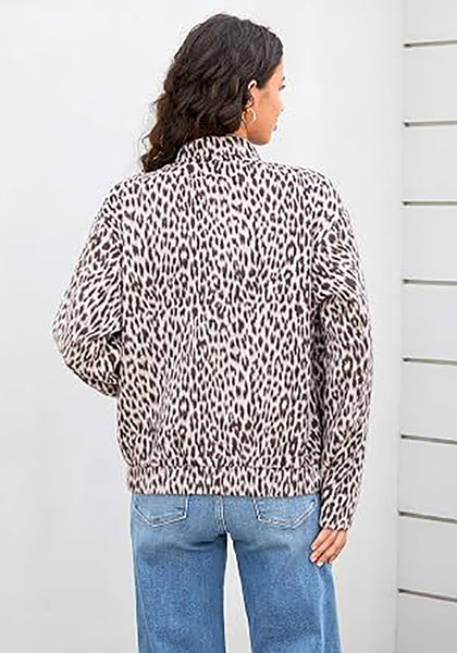 Light Grey Cheetah Women's Leopard Print Bomber Jacket — Oversized Brushed Wool Blend Cheetah Jacket with Stand Collar, Snap Buttons & Elastic Hem