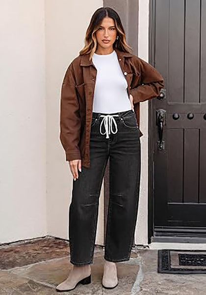 Washed Black Barrel Jeans for Women High Waisted Baggy Drawstring Wide Leg Denim Pants Stretchy Ankle Length 27.5 Inseam Casual Trendy