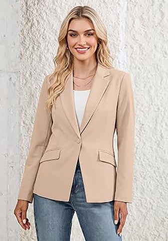 Light Khaki Women's Notched Lapel Blazer, Single Button Shoulder Pads Suit Jacket, Long Sleeve Business Casual Work Office Blazer with Pockets & Back Slit