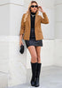 Brown Women's Notched Lapel Blazer, Single Button Shoulder Pads Suit Jacket, Long Sleeve Business Casual Work Office Blazer with Pockets & Back Slit