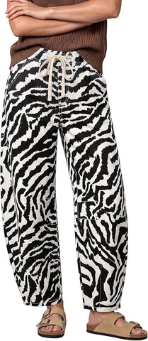 GRAPENT Women's High Waisted Zebra Print Barrel Jeans | Stretchy Denim, Drawstring Elastic Waist, Pull On, 27" Inseam, Cropped Loose Fit, Weekend Casual