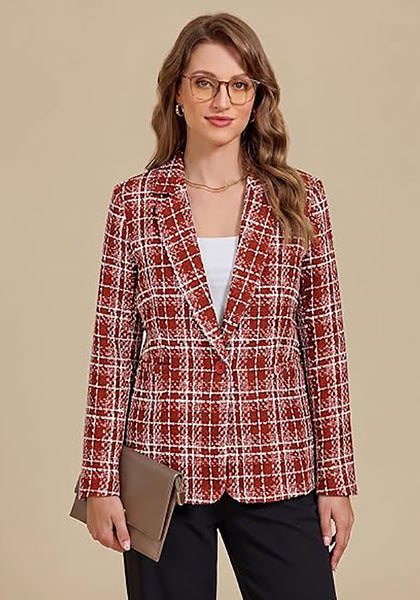 GRAPENT Women's Tweed Plaid Blazer | Notched Lapel, Fully Lined, Shoulder Pads, Single Button, 2 Pockets, Interview Office Business Casual