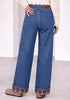 Classic Blue Women's High Rise Wide Leg Jeans — Stretchy Denim Pants with Double Button Waistband, Vertical Seam & Contrast Plaid Cuffs