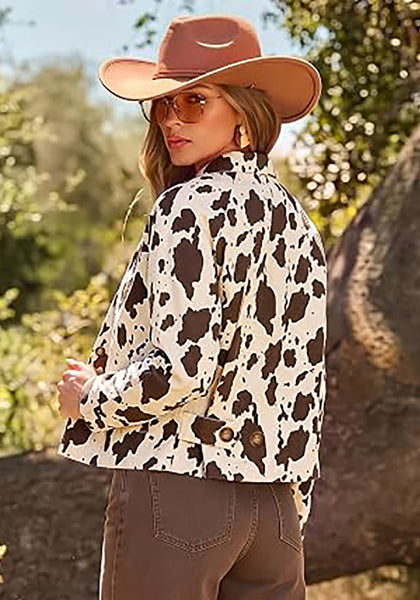 Dark Brown Cow Print Women's Cow Print Faux Suede Shacket — Cropped Button Down Jacket with Pockets & Full Lining
