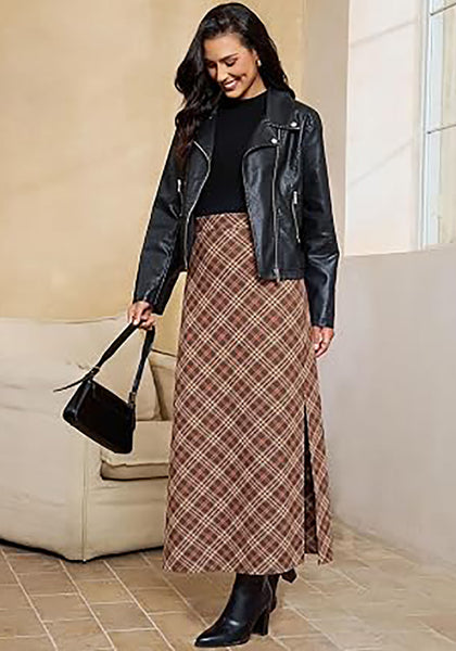 Cinnamon & Khaki Women's Trendy Plaid Maxi Skirt — High Waisted A Line Long Skirt with Side Slit, Vintage Pattern & Back Elastic Waist