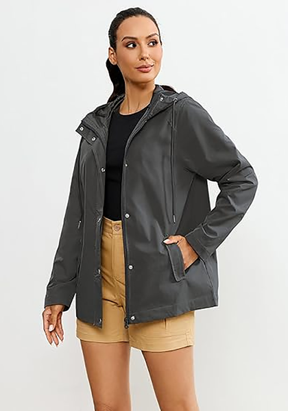 LookbookStore Women's Dark Gray Waterproof Lightweight Rain Jacket, Adjustable Hood Windbreaker Rain Coat for Hiking & Travel