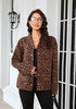 Brown Leopard Women's Leopard Print Bomber Jacket — Oversized Brushed Wool Blend Cheetah Jacket with Stand Collar, Snap Buttons & Elastic Hem
