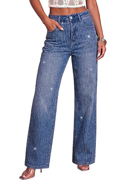 Classic Blue Women's Rhinestone Wide Leg Jeans, High Waisted Stretch Glitter Sparkly Embellished Denim Pants, 29.5" Inseam Trendy Party Night Out Outfits