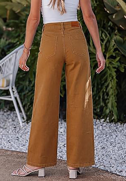 Camel Brown Women's Wide Leg High Waist Stretch Jeans Baggy Straight Leg Denim Pants,  29.5 Inch Inseam Angled Side Seam, Country Concert Western Style