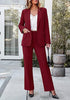 Wine Red Women's 2 Piece Blazer Pants Suit, Business Casual Long Sleeve Belted Double Breasted Blazer & Elastic High Waisted Flared Pants Set, Dressy Office Work Outfits