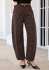 Mini Brown Leopard Women's Trendy Leopard Barrel Jeans — High Waisted Baggy Wide Leg Stretchy Denim Pants with Front Seam & Ankle Length