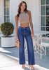 Darkness Blue  Women's Wide Leg High Waist Stretch Jeans Baggy Straight Leg Denim Pants,  29.5 Inch Inseam Angled Side Seam, Country Concert Western Style
