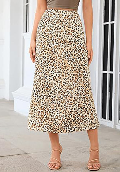 Taffy Leopard Women's Leopard Print Satin Maxi Skirt — High Waisted Bias Cut A Line Slip Skirt with Stretchy Elastic Waistband