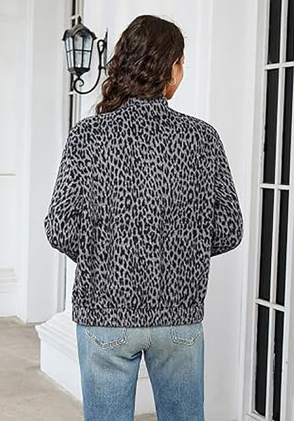 Grey  Cheetah Women's Leopard Print Bomber Jacket — Oversized Brushed Wool Blend Cheetah Jacket with Stand Collar, Snap Buttons & Elastic Hem