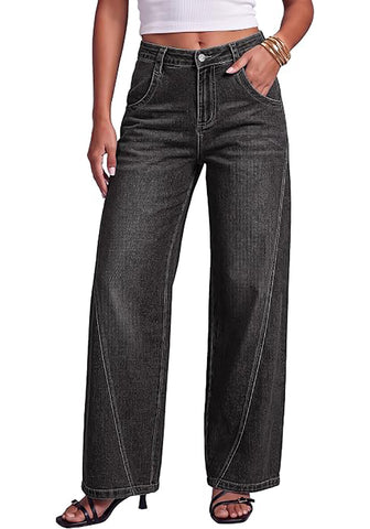 Washed Black Women's Wide Leg High Waist Stretch Jeans Baggy Straight Leg Denim Pants,  29.5 Inch Inseam Angled Side Seam, Country Concert Western Style