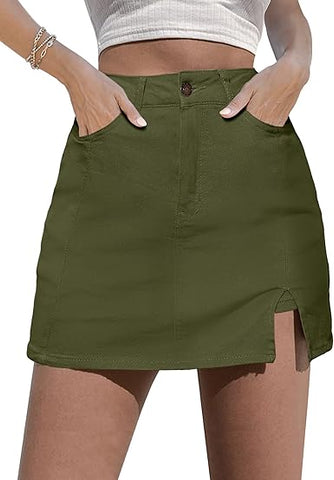 Olive Green Women's Brief Denim High Waisted Skirt Split Hem Stretch