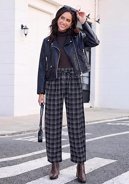 GRAPENT Women's High Waisted Plaid Barrel Pants | Tapered Wide Leg, Elastic Drawstring Waist, Front Pockets, Work Office Casual Fall Outfits
