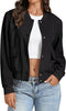 Black Women's Casual Fully Buttoned Jackets Baseball Collar Front Pocket Moderate Fit Slight Stretch.