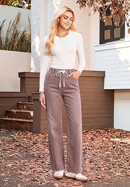 GRAPENT Women's High Rise Straight Wide Leg Jeans | Stretchy Denim, Elastic Waist, 29.5" Inseam, Work & Casual Daily Wear