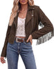 Dark Brown Women's Cropped Fringe Faux Suede Jacket — Trendy Zip Up Tassel Cowgirl Jacket with Full Lining & Faux Leather Finish