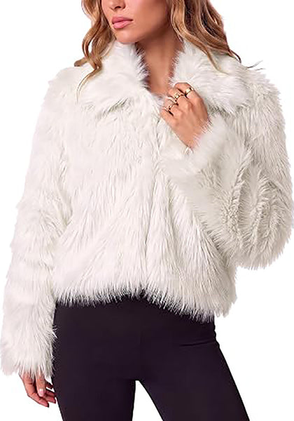 Cream White  Women's Solid Color Shaggy Faux Fur Jacket — Cropped Long Pile Coat with Lapel Collar, Hook Closure & Drop Shoulder