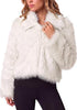 Cream White  Women's Solid Color Shaggy Faux Fur Jacket — Cropped Long Pile Coat with Lapel Collar, Hook Closure & Drop Shoulder