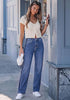 Medium Blue Women's High Waisted Straight Leg Jeans, Tuxedo Side Stripe Stretchy Denim Pants, 29