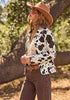 Multi Cow Print Women's Cow Print Faux Suede Shacket — Cropped Button Down Jacket with Pockets & Full Lining
