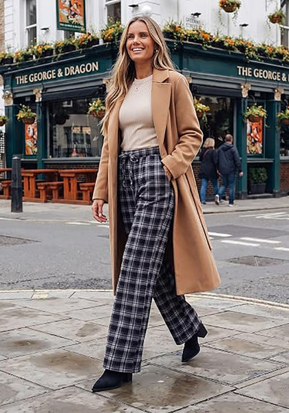GRAPENT Women's High Waisted Wide Leg Plaid Pants | Tartan Pattern, Elastic Waist Drawstring, Pockets, Relaxed Fit, Casual Daily Fall Outfits