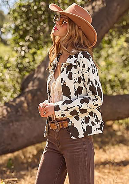 Dark Brown Cow Print Women's Cow Print Faux Suede Shacket — Cropped Button Down Jacket with Pockets & Full Lining