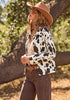 Dark Brown Cow Print Women's Cow Print Faux Suede Shacket — Cropped Button Down Jacket with Pockets & Full Lining