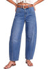 Classic Blue Women's Trendy Barrel Jeans — High Waisted Baggy Wide Leg Denim Pants with Cinched Waist, Front Seam & Ankle Length