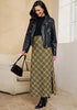 Green & Khaki Women's Trendy Plaid Maxi Skirt — High Waisted A Line Long Skirt with Side Slit, Vintage Pattern & Back Elastic Waist