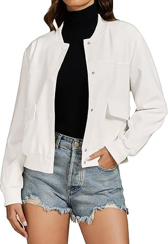 Cream White Women's Casual Fully Buttoned Jackets Baseball Collar Front Pocket Moderate Fit Slight Stretch.