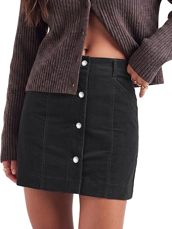 Black Women's Corduroy Short Skirt, Trendy Button Fly Stretchy Fall Skirts with Elastic Back Waist and Functional Pockets, Soft Dressy Casual Fall Outfits