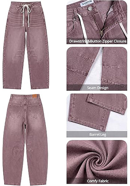 Pecan Brown Barrel Jeans for Women High Waisted Baggy Drawstring Wide Leg Denim Pants Stretchy Ankle Length 27.5 Inseam Casual Trendy
